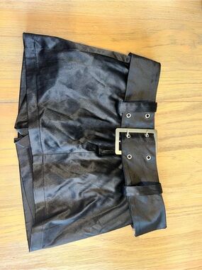 Forever 21 Black Satin Belted Mini Skirt with Wide Buckle Belt